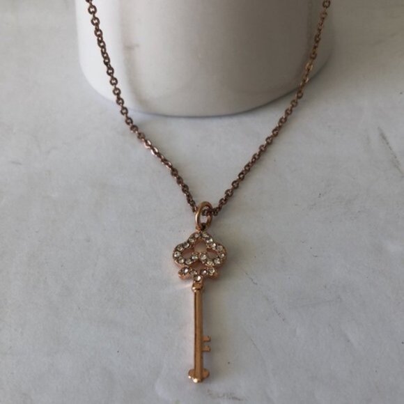 Rose Gold Plated Necklace w Key Charm Pendant  W Cubic Zirconia Stones - Picture 11 of 13